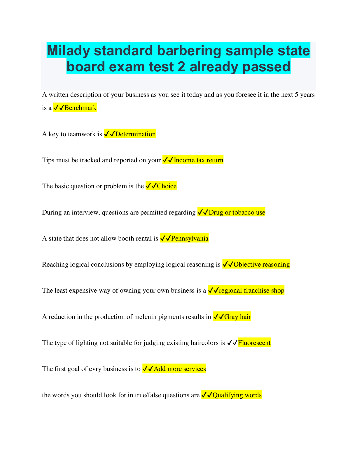 Milady standard barbering sample state board exam test 2 already passed